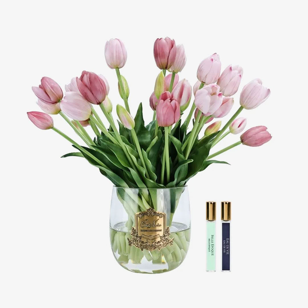 Heritage-Tulips---Clear-Vase-with-Gold-Badge